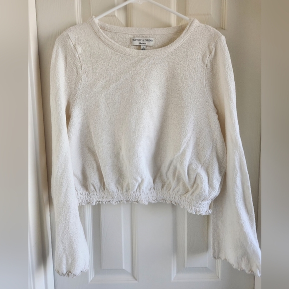 Madewell Smocked Bell Sleeve Lettuce Trim Top Long Sleeve Ivory Textured Small - Picture 1 of 8